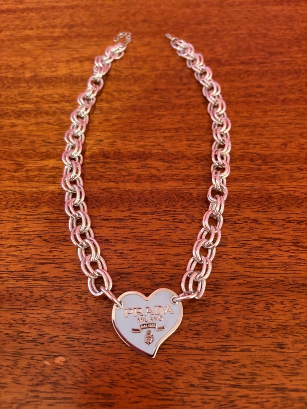 Prada Silver Chain Necklace with Light Blue Heart Pendant